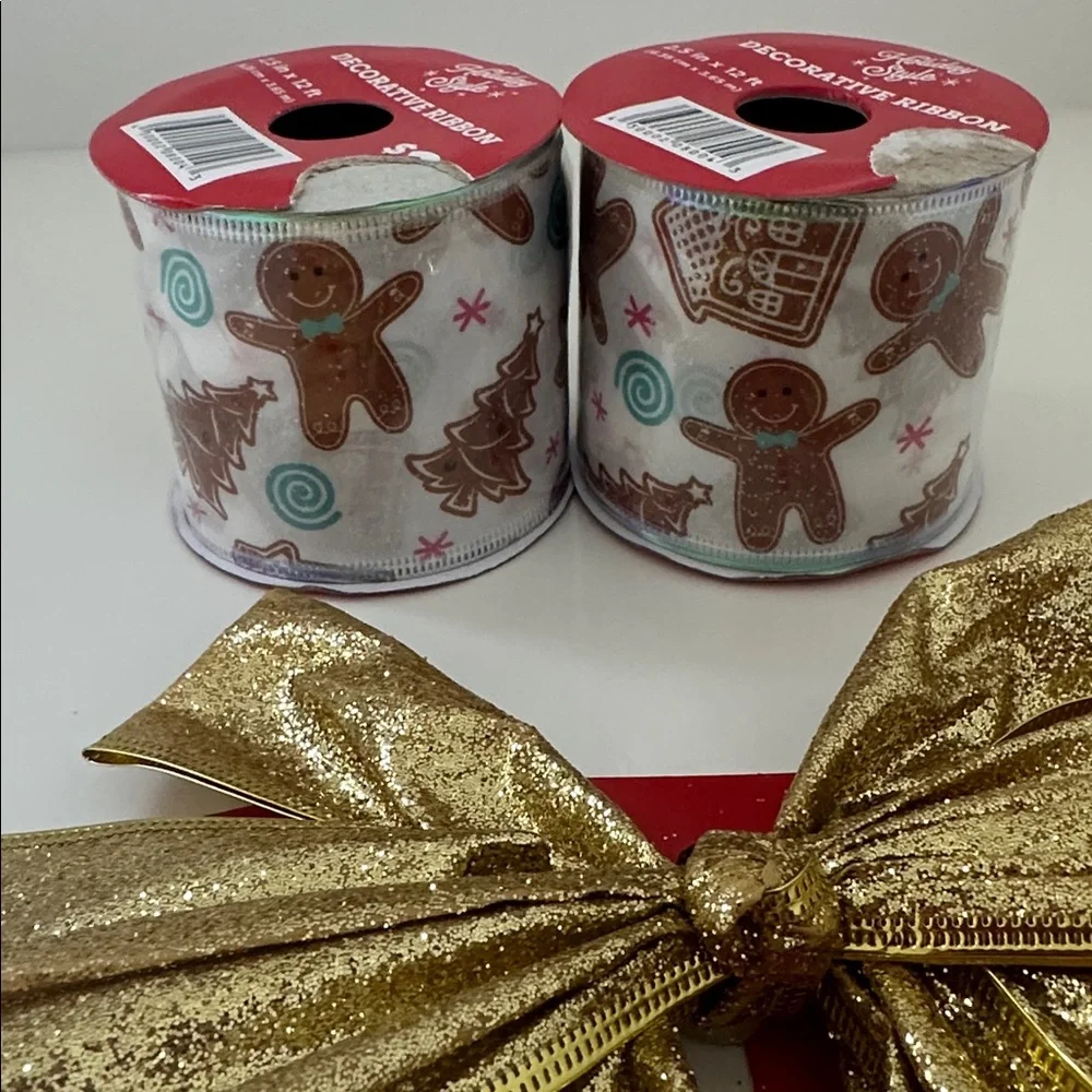 🌸NEW Gold Glitter Bow Decorative and 2 gingerbread Ribbon -
